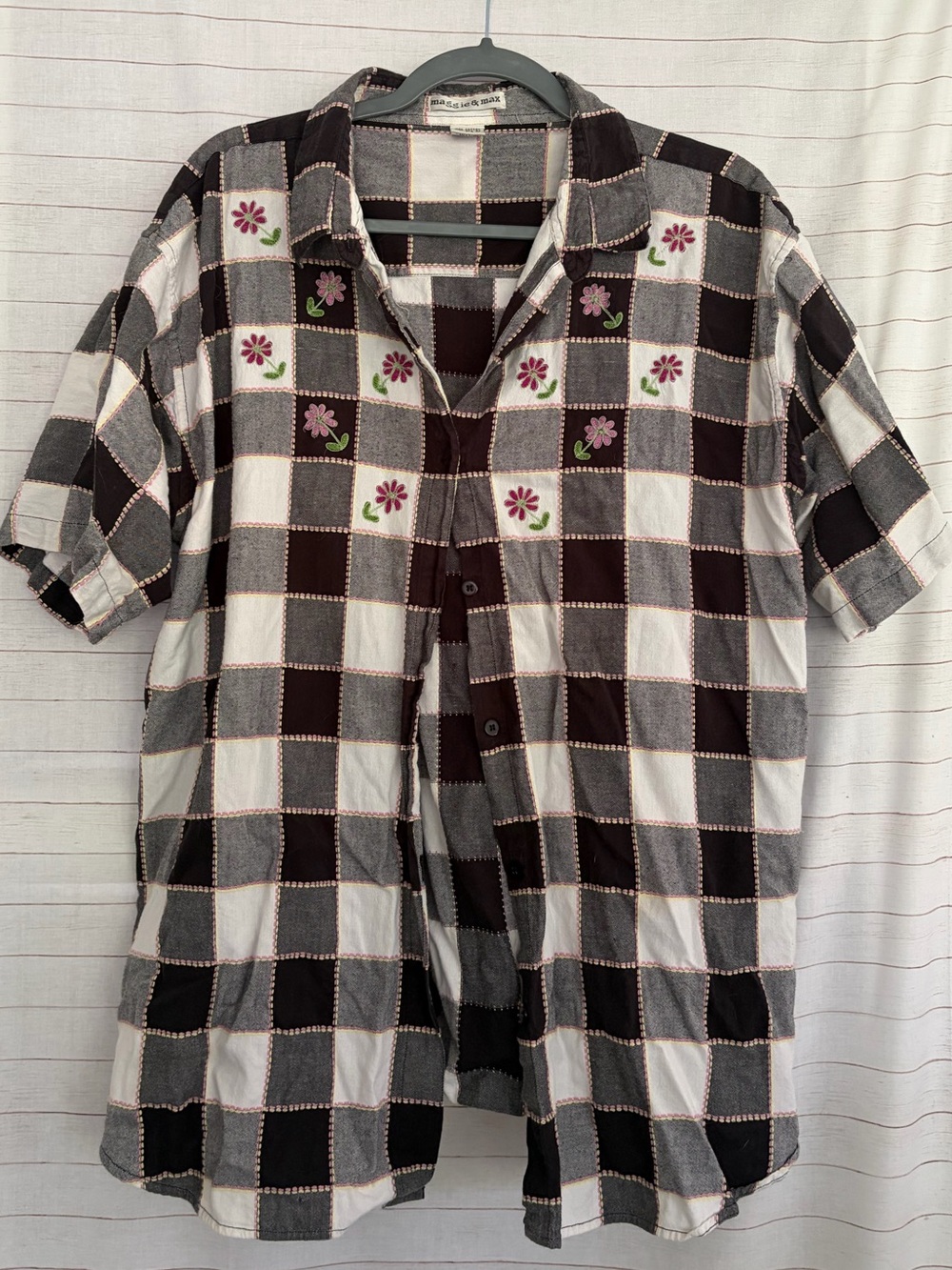 Women’s Black & White Check Button-Down Shirt with Pink Floral Embroidery